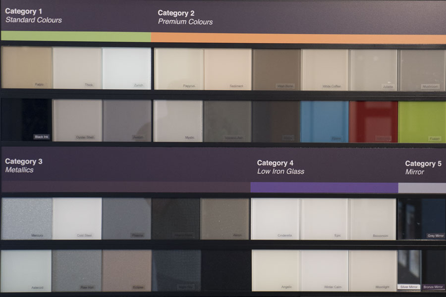 Splash back colour and finish swatches.